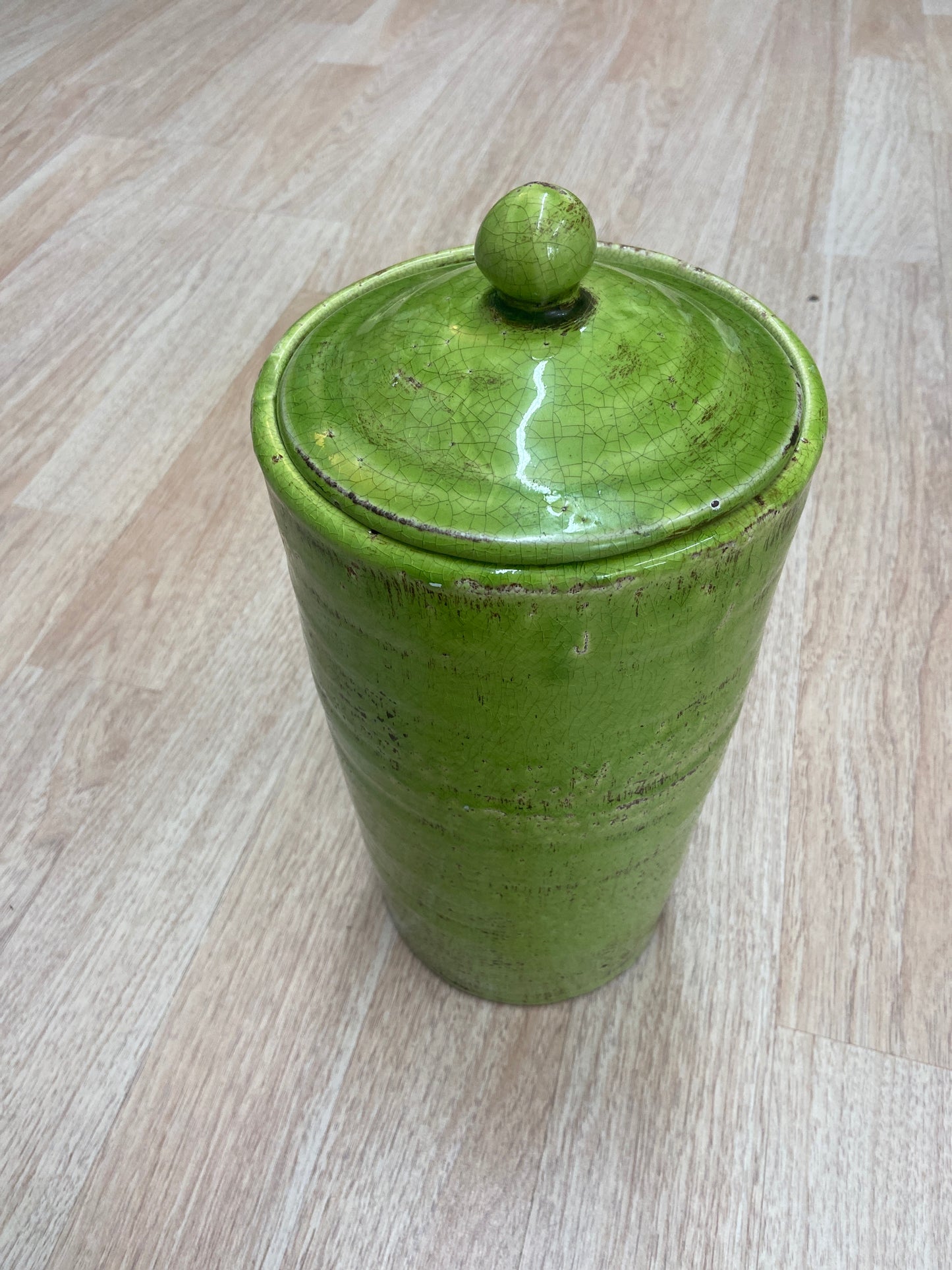 GREEN TALLCERAMIC GLAZED POTTERY CANISTER
