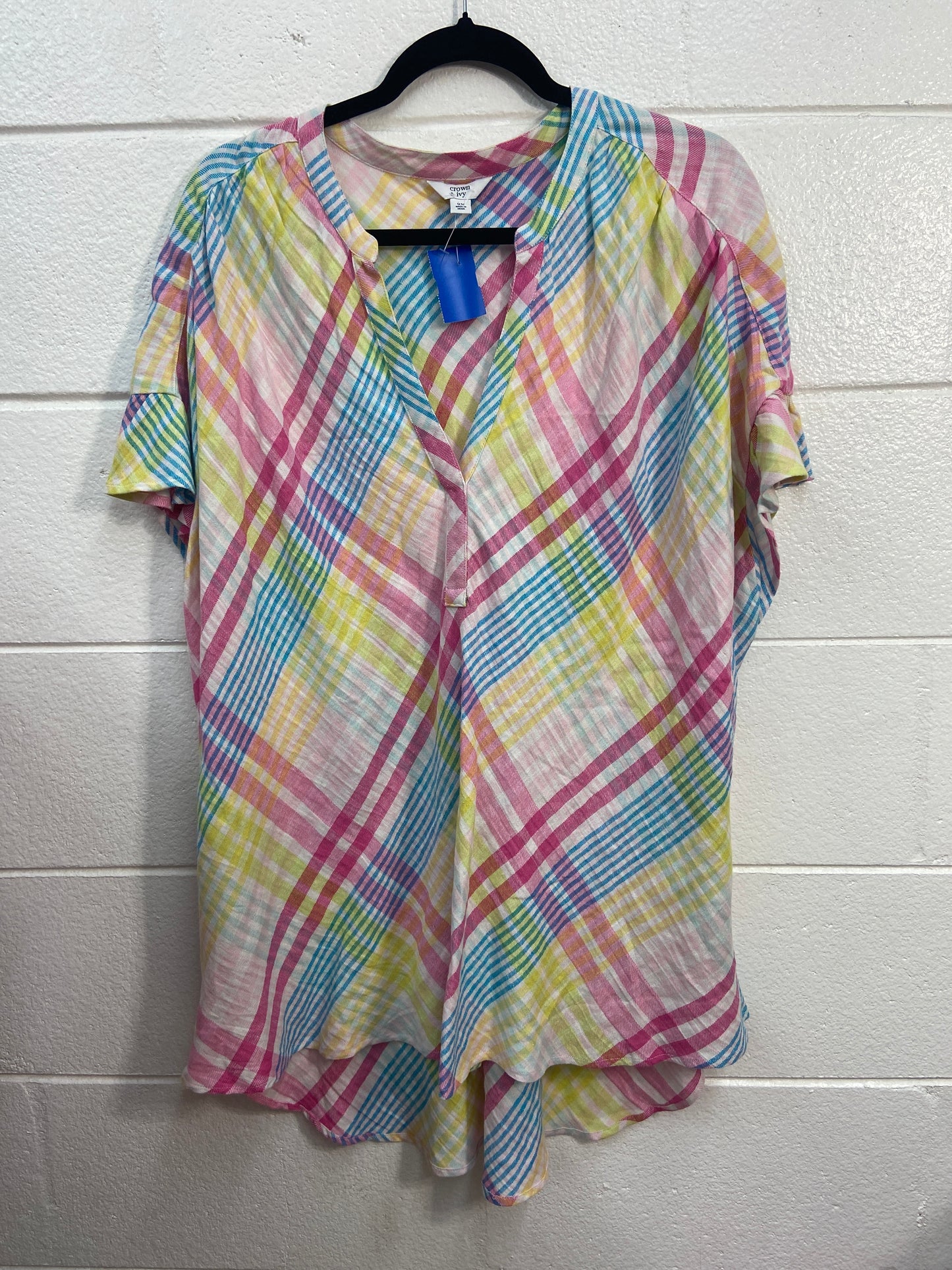 CROWN & IVY PINK PLAID TOP 2X