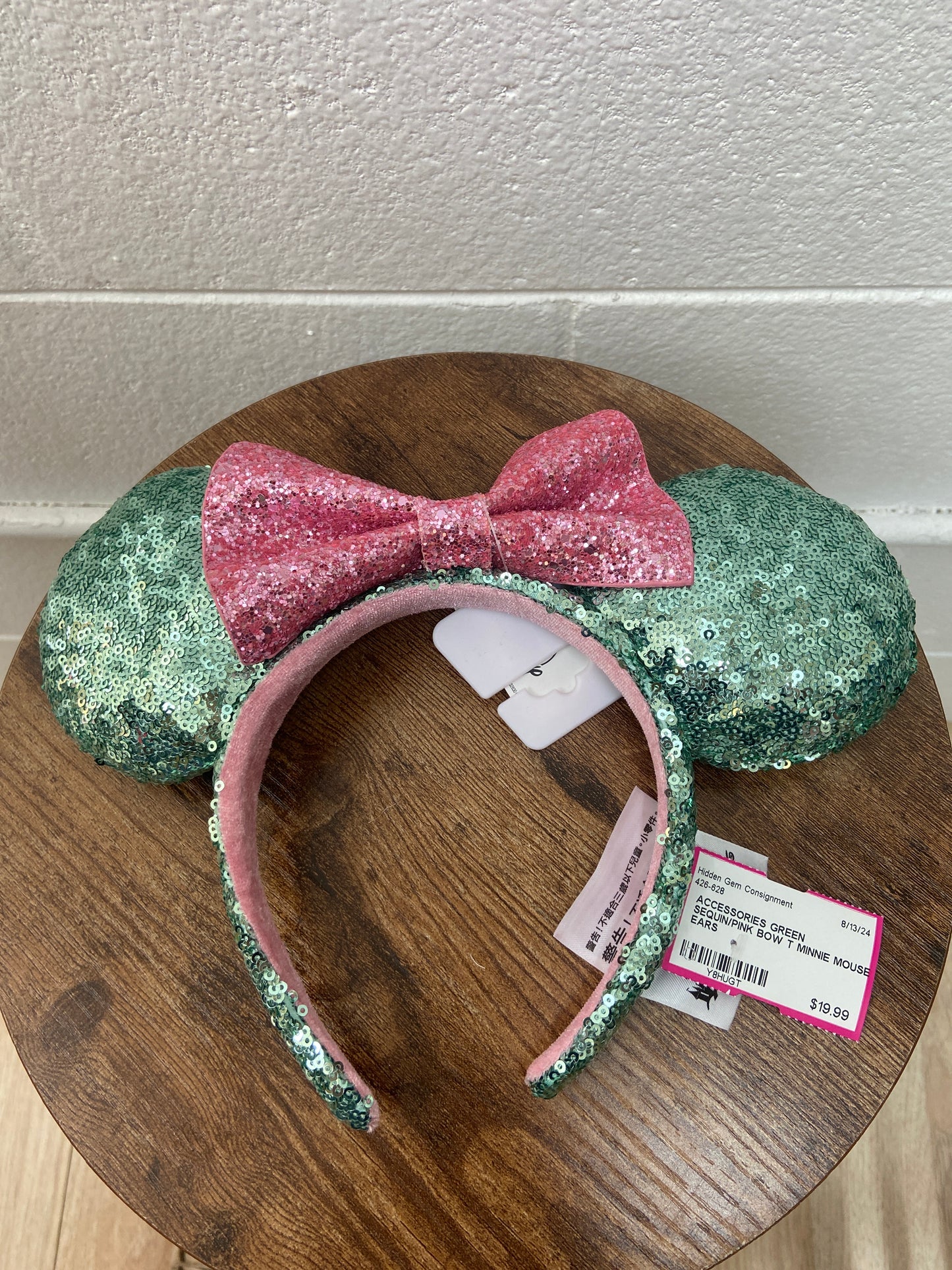 GREEN SEQUIN/PINK BOW T MINNIE MOUSE EARS