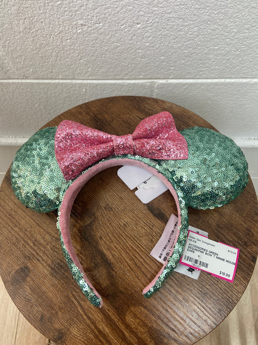 GREEN SEQUIN/PINK BOW T MINNIE MOUSE EARS