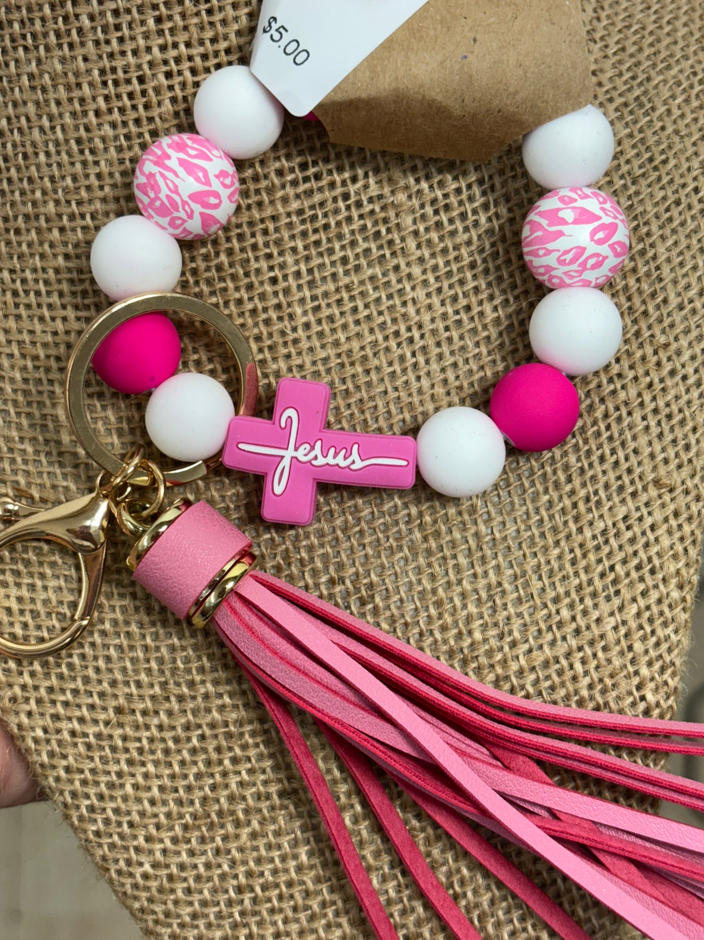 PINK CHEETAH JESUS WRISTLET KEYCHAIN