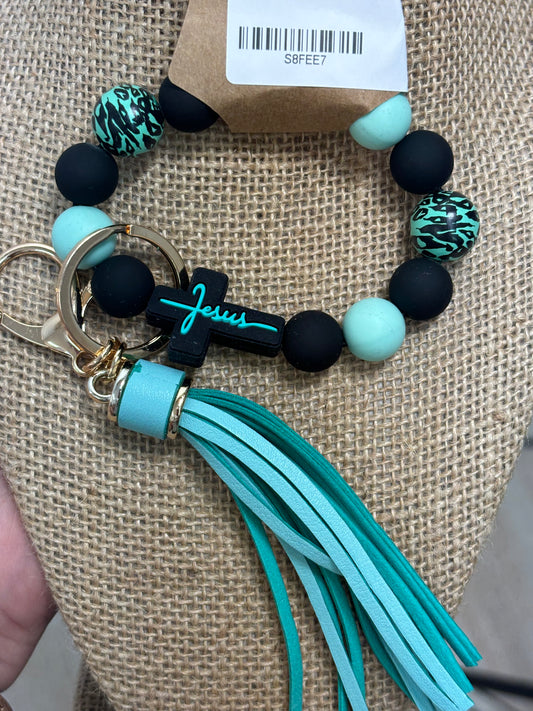 TEAL CHEETAH JESUS WRISTLET KEYCHAIN